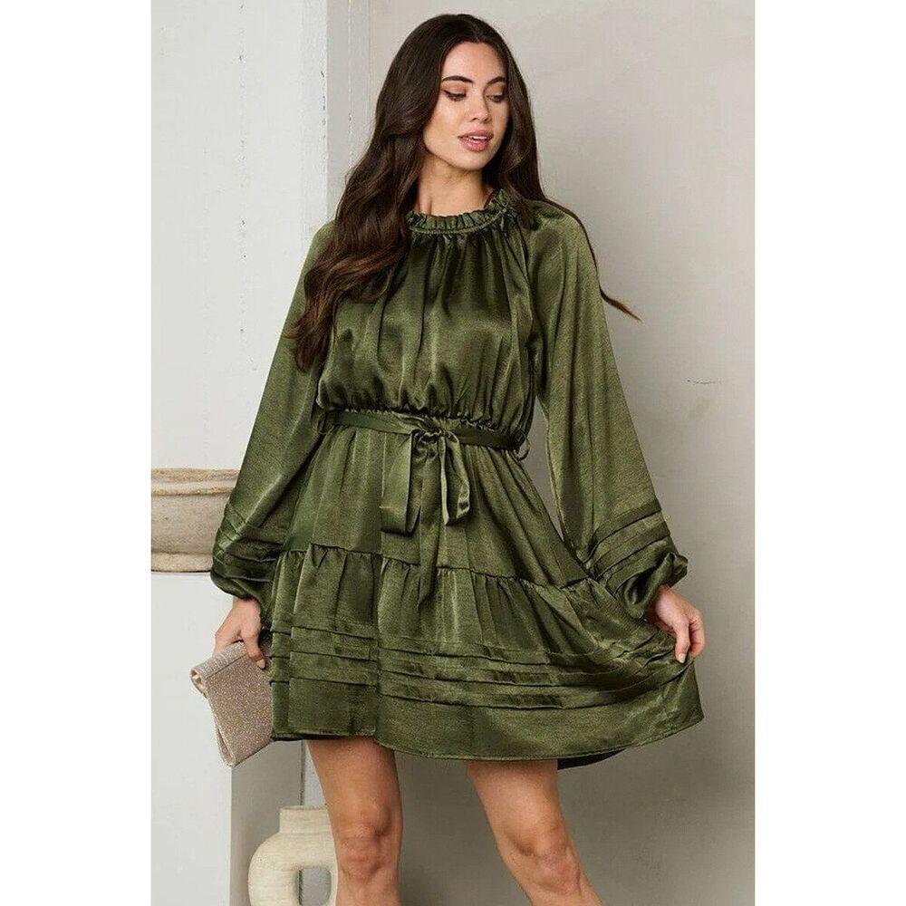 Peach Love California Womens Green Long Sleeve Ruffle Mini Dress Size Small NWT